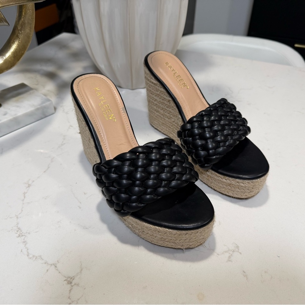 Kayleen Black Wedge Sandals Braided Strap Espadrille Platform Summer Size 6.5